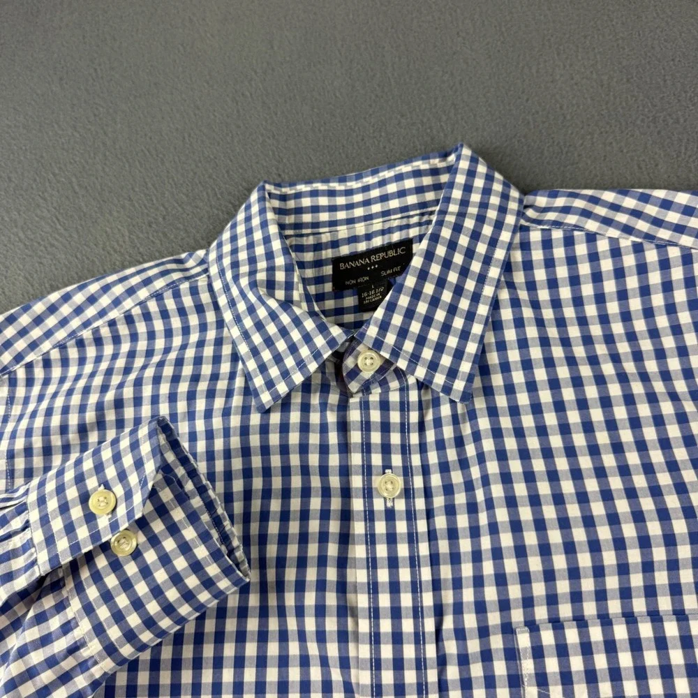 Banana Republic Shirt Men's L 16 16.5 Blue Gingham Check Plaid Non Iron Slim Fit